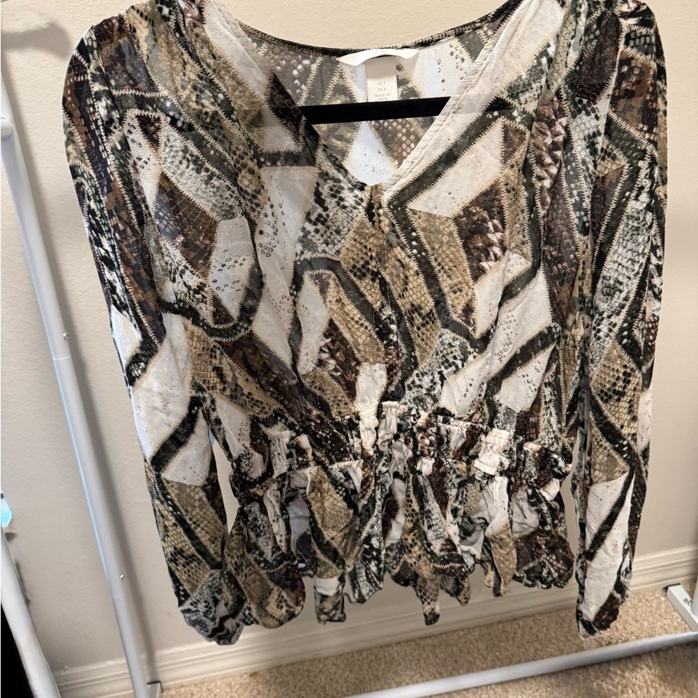 H&M Geometric Print Blouse in Black, Brown, and Cream